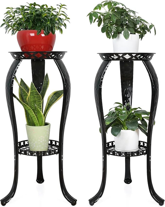 Ufine 2 Tier Metal Plant Stand Indoor Outdoor Iron Art Flower Pot Holder Tall Plant Display Rack for Corner Porch 2-Pack, Black