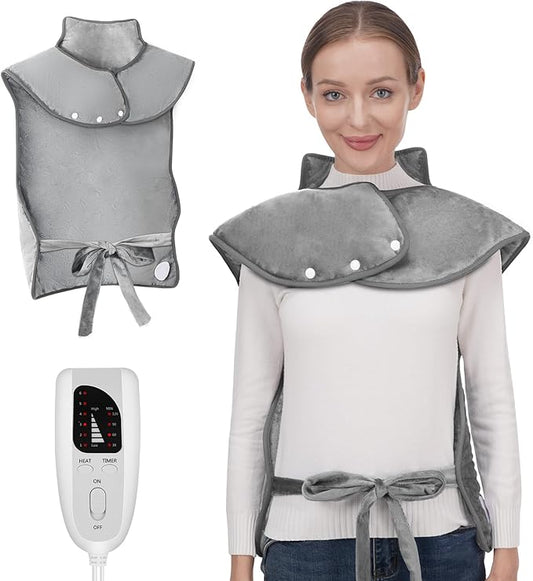 Fast Heating Electric Heating Pad for Neck and Shoulder and Back with 6 Heating Settings & 4 Timer, Large Size Heated Wrap with Auto Shut Off & Machine Washable (Silver Gray, 37x24 inch)