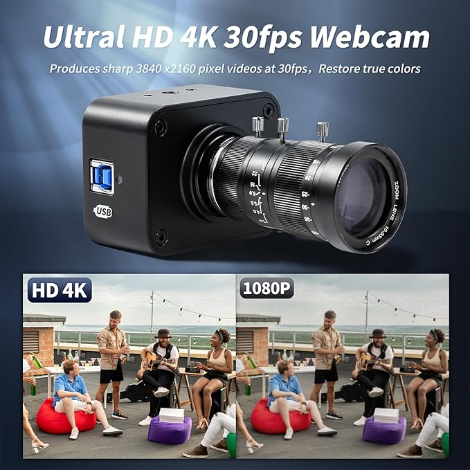MOKOSE USB Camera 4K, USB3.0 Manual Focus Webcam with C-Mount 10-55mm Telephoto Zoom Lens, IMX678 1/1.8" 8MP Sensor Support YUY2,Web Camera for Desktop Computer Laptop