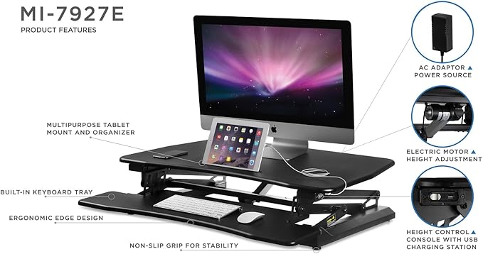 Mount-It! Electric Standing Desk Converter 35.4" Quick Sit Stand Desk Riser, Computer Workstation Motorized Easy Convertor with Built-in USB Charging Port, Ergonomic Height Adjustable in Black