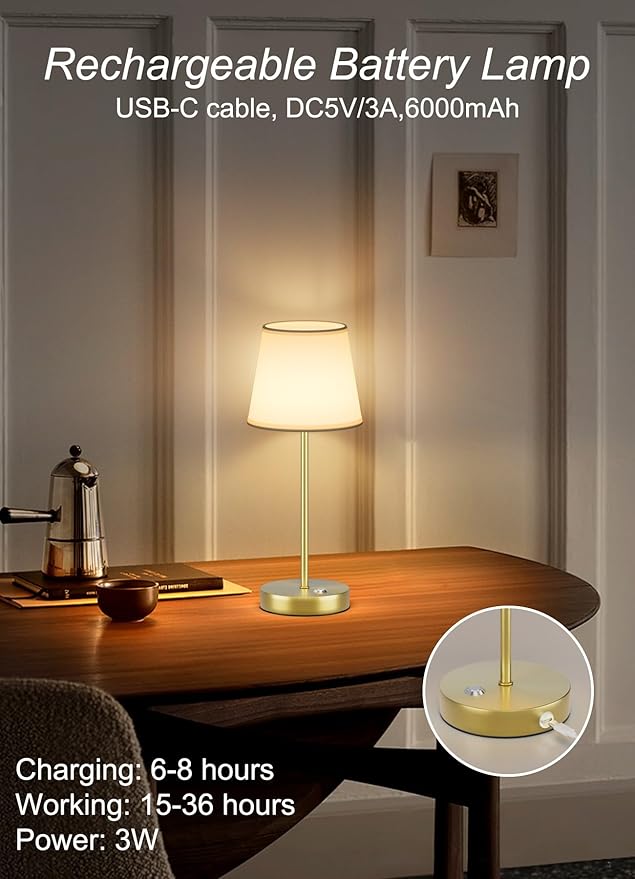 2 Pack Cordless LED Table Lamps, Battery Operated Fabric Shade Desk Lamp, 3 Color Stepless Dimmable Rechargeable Lamp for Dinner/Restaurant/Bedroom/Bars/Camping(Gold)