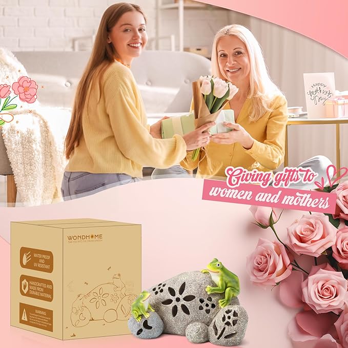 Solar Frogs Garden Statues Outdoor Resin Frog on Rock Figurine with LED Lights Porch Patio Lawn Yard Art Home Decorations Birthday Housewarming Christmas Gardening Gifts for Mom Women