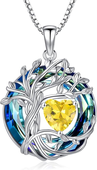 TOUPOP Tree of Life Birthstone Necklace 925 Sterling Silver Pendant Austrian Crystal Jewelry Anniversary Birthday Christmas Gifts for Women Mom Her Wife