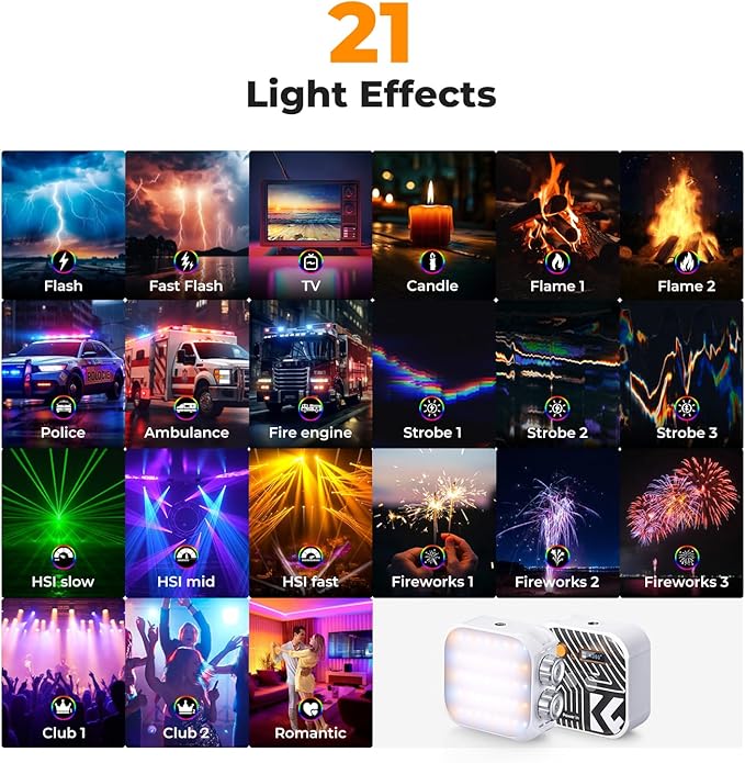 K&F CONCEPT RGB Video Light, 360° Full Color Portable Photography Light, LED Camera Light w 21 Light Effects, 2500K-9900K CRI 96+, 2000mAh Rechargeable Photography Lighting for Vlogging, Selfie, White