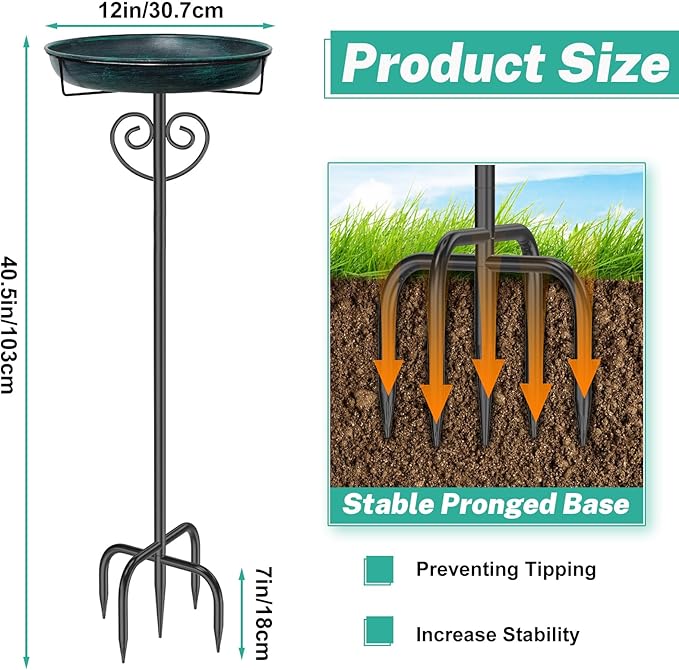 Metal Bird Bath for Outside, Standing Garden Bird Bath Bird Feeder Bowl with 5-Pronged Stake, Detachable Birdfeeder Bath for Outdoors Garden Patio Yard Lawn Decor (Vintage Green)