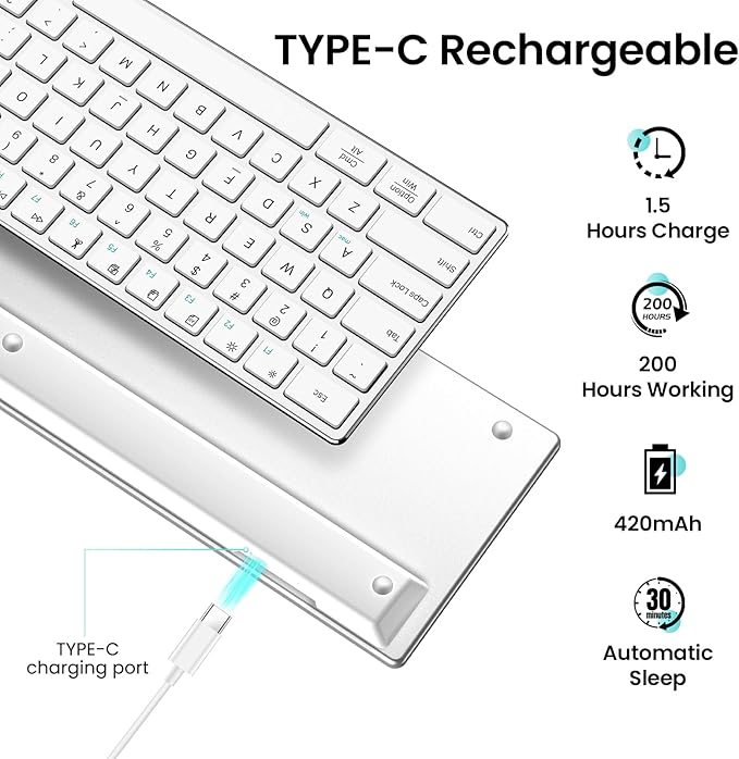 TIETI 2.4G Wireless Bluetooth Keyboard Rechargeable, Stainless Steel Ultra Slim Full Size Keyboard with Numeric Keypad Low Profile Silent Cordless Keyboards for Computer/Mac/Windows