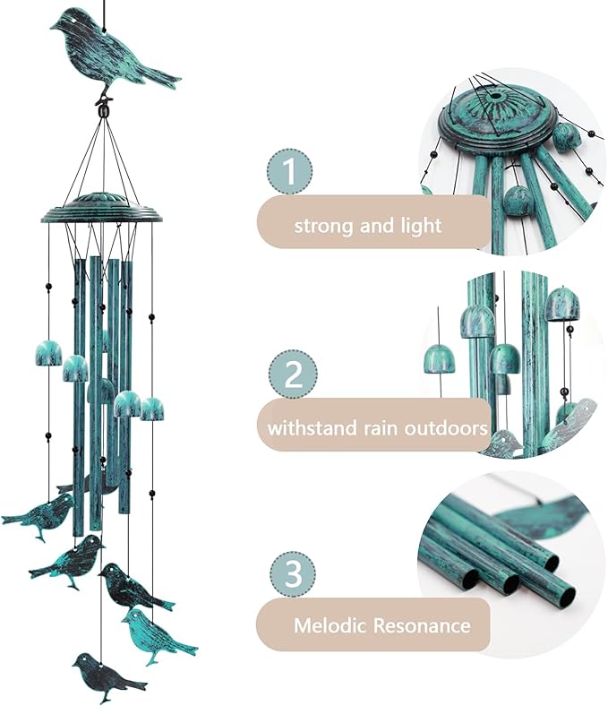 Bird Wind Chimes for Outside Windchimes Outdoors with 6 Wind Bells Hanging Decor for Patio Garden Porch Backyard Birthday Thanksgiving Christmas for Mom Grandma Nana