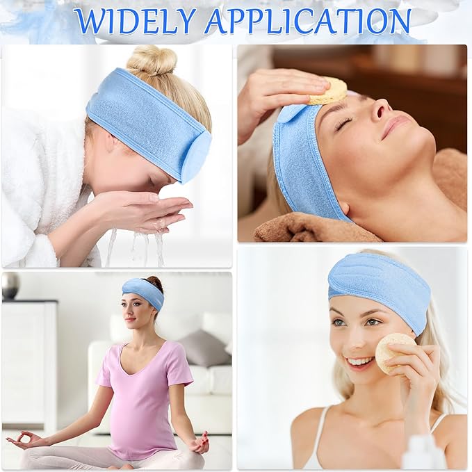Hoteam 30 Pack Spa Headband Facial Esthetician Hair Wrap for Women Adjustable Makeup Sports Shower Stretch Towel with Tape(Blue)