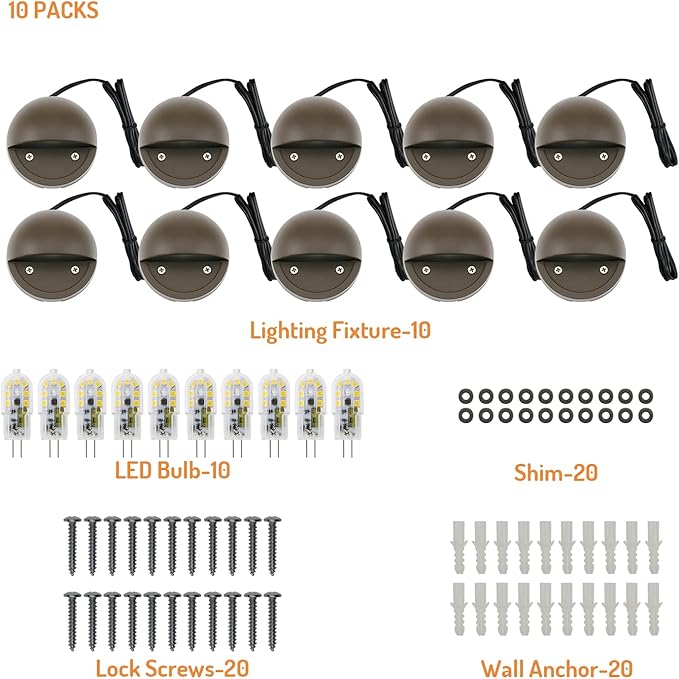 2W LED Deck Lighting Low Voltage Deck Lights Landscape Lighting Landscape Lights Outdoor Replaceable G4 LED Bulb 3000K Aluminum housing for Stair,Pathway,Walkway,Deck, Step,Yard Bronze, Pack of 10