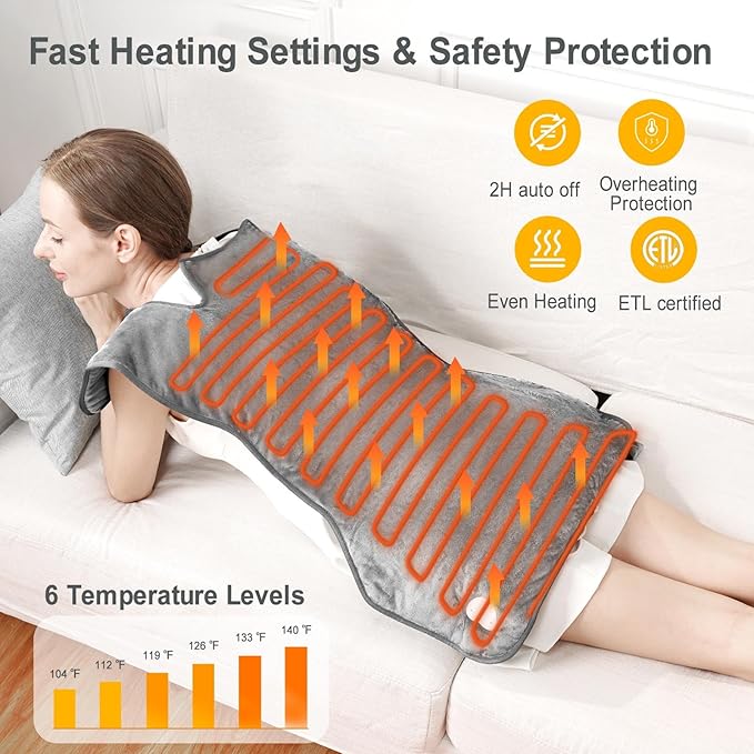 Fast Heating Electric Heating Pad for Neck and Shoulder and Back with 6 Heating Settings & 4 Timer, Large Size Heated Wrap with Auto Shut Off & Machine Washable (Silver Gray, 37x24 inch)
