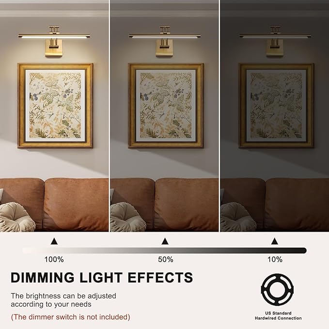 Hard-Wired Picture Light Dimmable LED Picture Lights for Paintings 15.7 Inch Brass Metal Body Wall Pictures with Adjustable Gold Swing Arm Art Display Lamps 7W 3000K Warm White Book Light