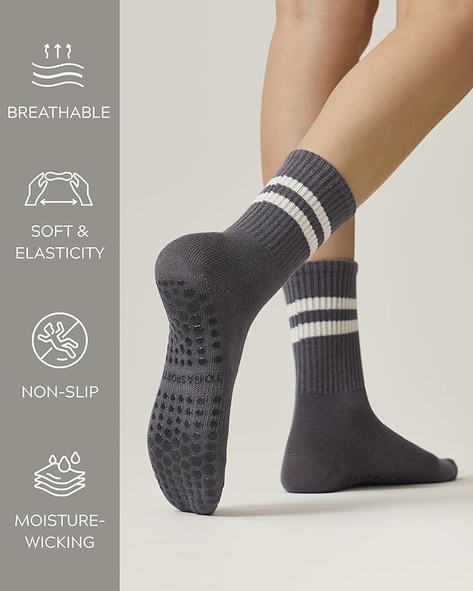 Pilates Socks with Grips for Women Grippy Non Slip Crew Socks for Yoga Barre Hospital Striped 3 Pairs