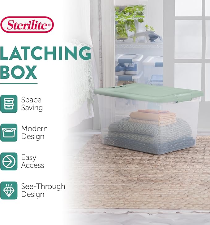 Sterilite 12 Pack Latching Box, Clear Plastic Stackable Storage Bin with Lid, 64 Quart, Mindful Mint