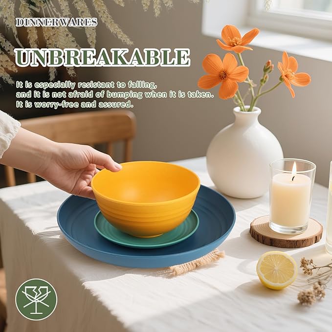 Wheat Straw Dinnerware Set of 32, Unbreakable Dinner Plates and Bowls Dishes Sets Service for 8,Dishwasher Safe Dinnerware Sets for Kitchen and Camping.Vibrant Series