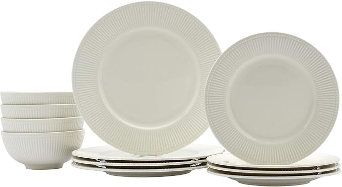 Tabletops Gallery Embossed Bone White Porcelain Round Dinnerware Collection- Chip Resistant Scratch Resistant, Fleur 12 Piece Dinnerware Set (Dinner Plate, Salad Plate, Cereal Bowl)