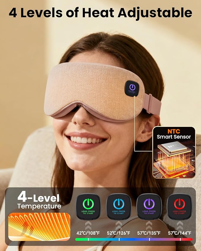 Heated Eye Mask - Cordless Eye Mask for Dry Eyes, Eye Relief, Improved Sleep, 4 Temperature, Washable Eye Heating Pad for Travel and with Replaceable Shell