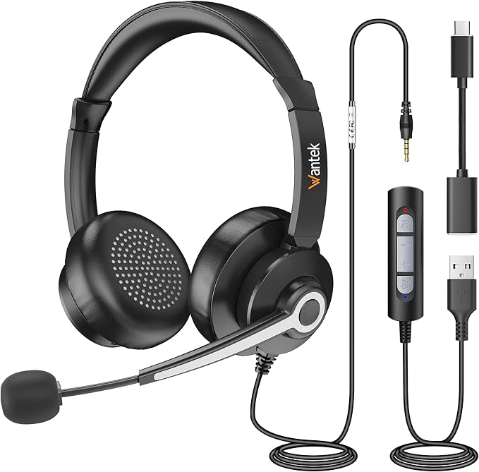 Wantek USB & 3.5mm Headset with Mic for PC/Laptop,Wired Headset with Noise-Cancelling Microphone & Audio Controls Perfect for Home Office Online Class Skype Zoom Call Center Webinar,All Day Comfort