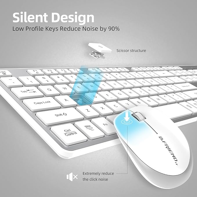 BFRIENDit Wireless Keyboard and Mouse Combo, Ultra - Quiet Chocolate Keys 2.4GHz Connection Slim Wireless Computer Keyboard for Mac, Windows 11/10/8/7/Vista, Microsoft & PC, Smart TV - Silver