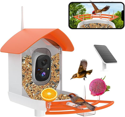 Bird Feeder with Camera,AI Identify Birds Species,Smart Birds Camera with Solar Powered,Auto Record FHD Feather Visitor Video in Backyard,Garden,Instant Notifications,Ideal Gifts for Family,Orange