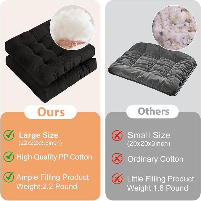 Tiita Square Floor Pillow, Thicken Tufted Seat Cushion, Floor Cushion for Yoga Meditation Living Room Balcony Office Outdoor, Set of 2, 22x22 Inch, Black