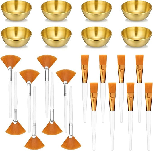 24 Pcs Esthetician Supplies for Facials Include 8pcs Facial Brushes Estheticians 8pcs Flat Brushes 8pcs Gold Facial Bowls Esthetician for Women Facial Mask Mixing Tools