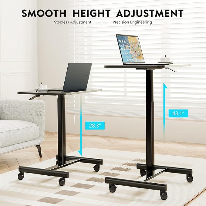 BONTEC Mobile Standing Desk Adjustable Height, Rolling Laptop Cart with Hook, Portable Workstation with Pneumatic Lift, Ergonomic Table with Wheels, Compact Home Office Desk, Black, 25.6" x 18.9"