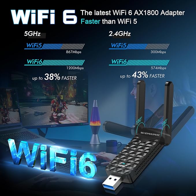 AX1800 USB WiFi 6 Adapter NA1602,Dual Band WiFi Adapter for Desktop pc with 2 Antennas, WPA3，MU-MIMO，2.4GHz/5GHz USB 3.0 WiFi Dongle Compatible with Windows 10/11