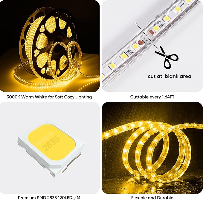 Shine Decor LED Strip Light 50FT 120VAC, Super Bright 6337 Lumens Dimmable, IP65 Waterproof for Outdoor Indoor, 3000K Warm White Every 1.6ft Cuttable Proselect Lighting Strip, 6x10mm ETL Listed