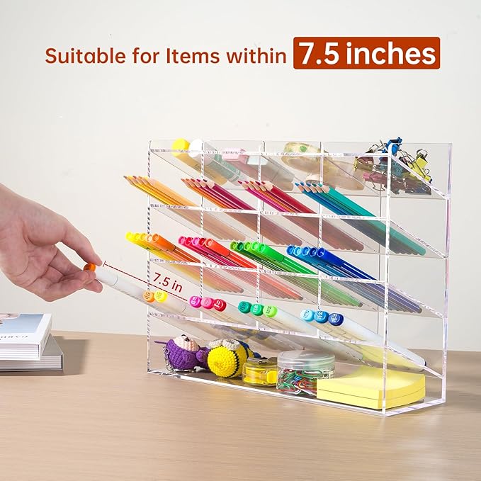 BEYGORM Acrylic Vertical Marker Organizer for 200 Markers with 17 Compartments, Clear Angled Pen & Pencil Holder, Large Desk Stationery & Art Supply Storage for Office & School (13 x 10.2 x 4 Inch)