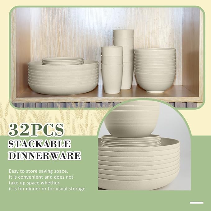 Wheat Straw Dinnerware Sets of 32,Dishwasher Safe Alternative Plastic Dishes Set Service for 8,Unbreakable Dinner Plates and Bowls Sets for Kitchen,Party,Camping,RV. Beige