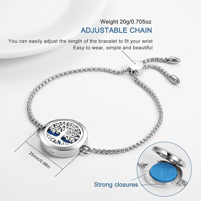 Aromatherapy Essential Oil Diffuser Bracelet, Tree of Life Pattern Locket Adjustable Link for Women Birthday Jewelry Gifts Trendy for Wife Mothers（Silver