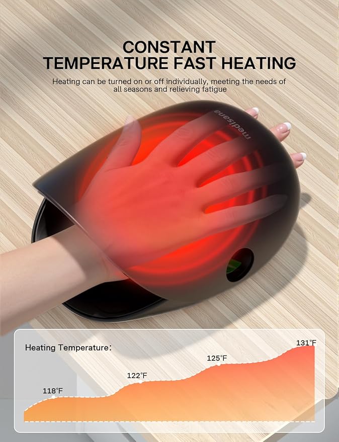 Medisana Hand Massager with Heat and Compression, Cordless Hand Massager for Arthritis and Carpal Tunnel Relief, Knuckle Stretching Massage, Personalized Birthday Gifts for Women/Men-Black