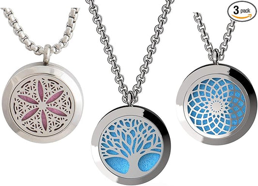 Wild Essentials 3 Necklace Set, Tree Of Life, Flower of Life, Sun Essential Oil Diffuser Necklace Stainless Steel Locket Pendants, 24 Inch Chains, 36 Refill Pads, Color Changing, Perfume Locket, Aroma
