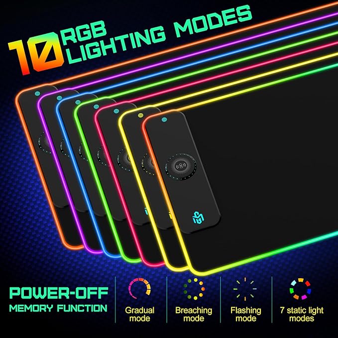 GIM Wireless Charging RGB Gaming Mouse Pad 15W, LED Mouse Mat 900x400x4MM, 10 Light Modes Extra Large Mousepad Non-Slip Rubber Base Computer Keyboard Mat for Gaming, MacBook, PC, Laptop, Desk