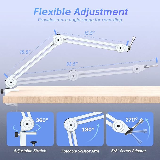 FIFINE Microphone Boom Arm Stand, Metal Heavy Duty Mic Stand, Scissor Suspension Adjustable Boom Arm for Podcast Recording Streaming Gaming, with Desk Clamp, 5/8" Screw, Cable Ties-BM63 White