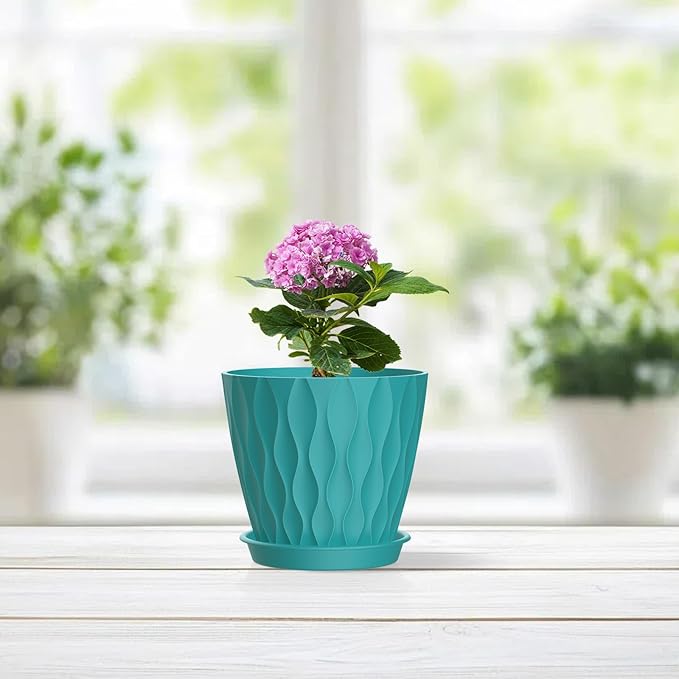 4 inch Small Plastic Nursery Pots, 5 Pack Water Ripples Flower Pots for Indoor Plants, Plant Pots with Drainage Holes and Saucers, Seedling Starter Planters for House Plants, Blue Green