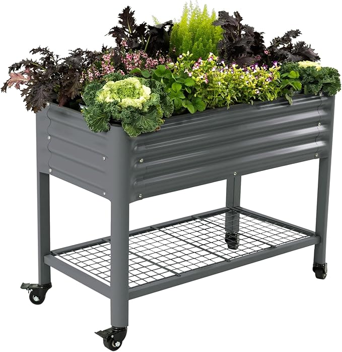 Rolling Elevated Raised Garden Bed-V Series, 2' x 4' Garden Beds with Legs & Storage Rack for Patio & Porch, 700 Lbs Weight Capacity, Outdoor Planter Box for Vegetables Flower Herbs, Modern Gray