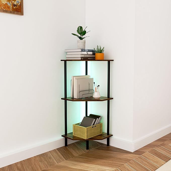 Corner Shelf Stand, Storage Standing Shelf Unit with Metal Frame, Narrow Bookshelf with LED Light Brown Plant Display Stand, Multi Unit Organizer Corner Cabinet for Bedroom, Living Room (3 Tier)