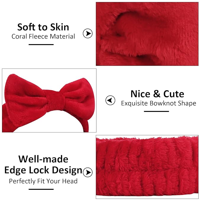 Ondder Spa Headband for Washing Face 8 Pack Red Skincare Headbands for Women Girls Terry Cloth Cute Makeup Headbands Head Bands with Bow