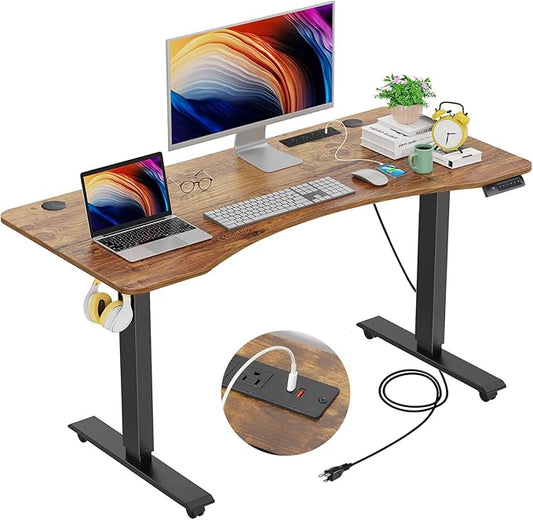farexon Electric Standing Desk Adjustable Height, 48x24 Inches Stand Up Desk with Outlet, Lockable Casters,27''-46'' Lifting Range Home Office Computer Desk（Brwon）