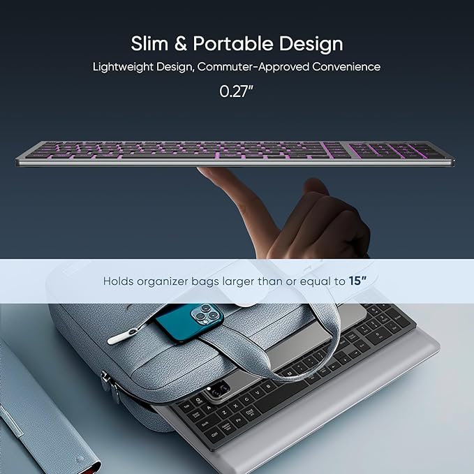 SABLUTE Wireless Keyboard with 7 Colored Backlits, Rechargeable Silent Compact Cordless Computer Keyboard with Low Profile Quiet Light Up Keys for Windows, PC, Linux, Chrome, Mac (Grey)