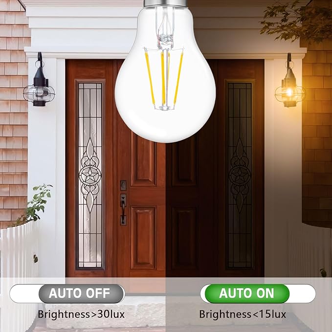 FAGUANGAO A19 LED Dusk to Dawn Light Bulbs Outdoor,6W 60W Equivalent,2700K Warm White,650 Lumen, E26 Edison Filament Photocell Sensor Bulb,Auto On/Off Vintage Bulbs for Porch,Patio,Garage,4 Pack