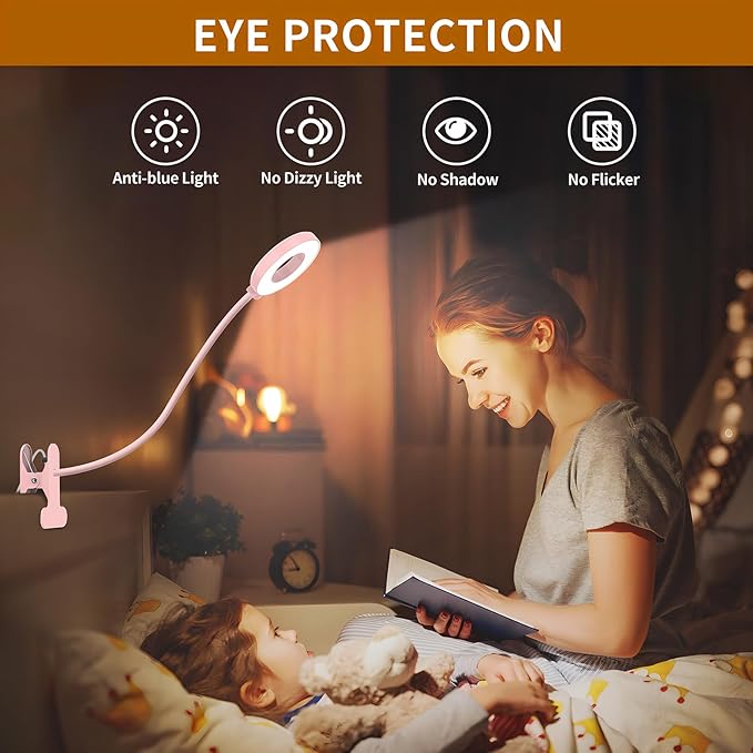iZELL Desk Lamp, [3 Color Modes & 10 Brightness] LED Reading Light with Clamp, Flexible Gooseneck Book Light for Kids Reading Book in Bed at Night Clip on Table, Headboard, Dorm - 15.8‘’ Pink