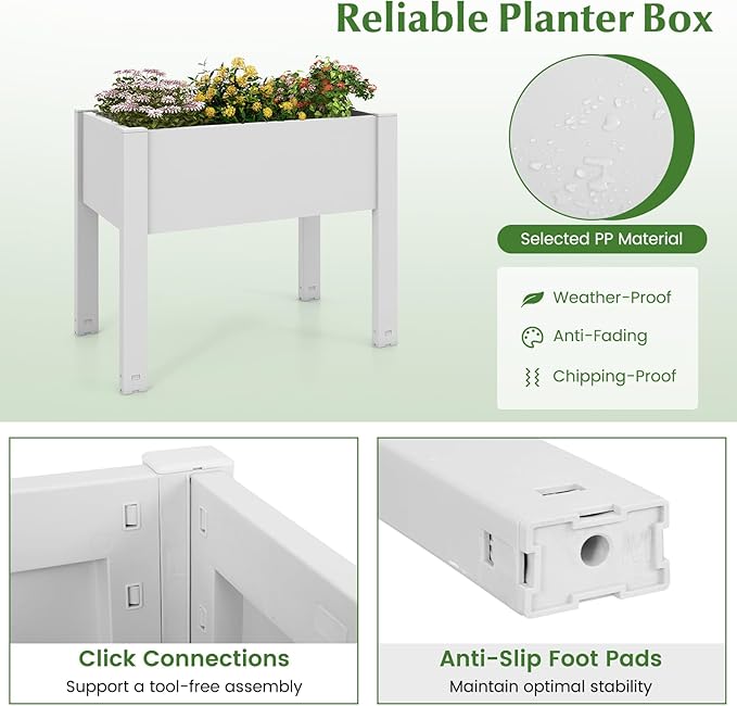 Giantex Raised Garden Bed with Legs, Self-Watering Planter Box with Water Level Indicator, Drainage Hole & Detachable Space Dividers, Outdoor Plant Container for Flower, Vegetable, Fruit, Herb (White)