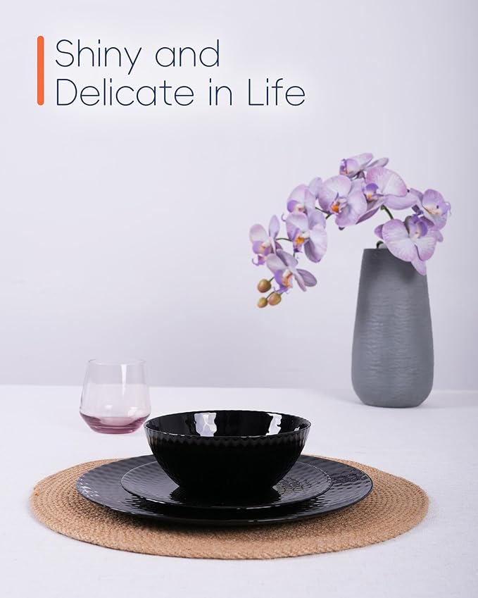 Dinnerware Sets for 4, Light & Durable 12 Pieces Opal Glass Plates and Bowls Set, Dishwasher and Microwave Safe Ribbed Dish Dinning Ware, Thin but Strong Geometric Faceted Black