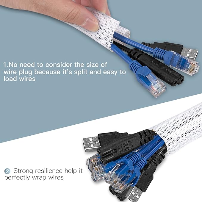 AGPTEK Cable Sleeve Cover, 6.6ft - 1.5 inch Desk Cord Organizer Cable Hider, Home Office Wire Management Computer TV Wire Loom Tubing, Pet Proof Cord Protector, from Cat Dog Chewing, White