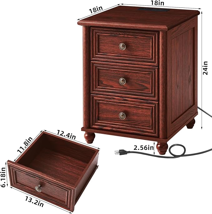 18" Farmhouse Nightstand Set 2 with Charging Station and USB Port, RedOak Night Stand with 3 Drawers, Wood Bedside End Table with Storage, Bed Side Tables for Bedroom Living Room and Closet