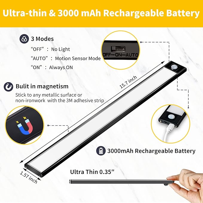 69 LED Under Cabinet Lights Indoor 4 Pack, 3000mAh Rechargeable Battery Operated Lighting, Wireless Motion Sensor Closet Lights, Under Counter Lights for Kitchen