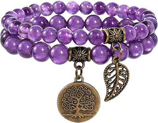 Bivei Natural Semi Precious Gemstone beads bracelet for women - Life Tree and Leaf Charm Energy Reiki Crystal Stretch Bracelets