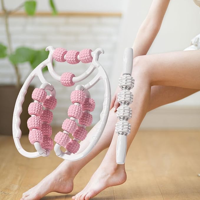 Colaxi 20 Wheels Massage Roller with Massage Stick Portable Multipurpose Flexible Handheld Roller for Back Shoulders Legs Thigh Arms, Pink